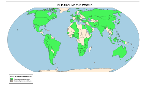 World map with countries with ISLP activity highlighted in bright green
